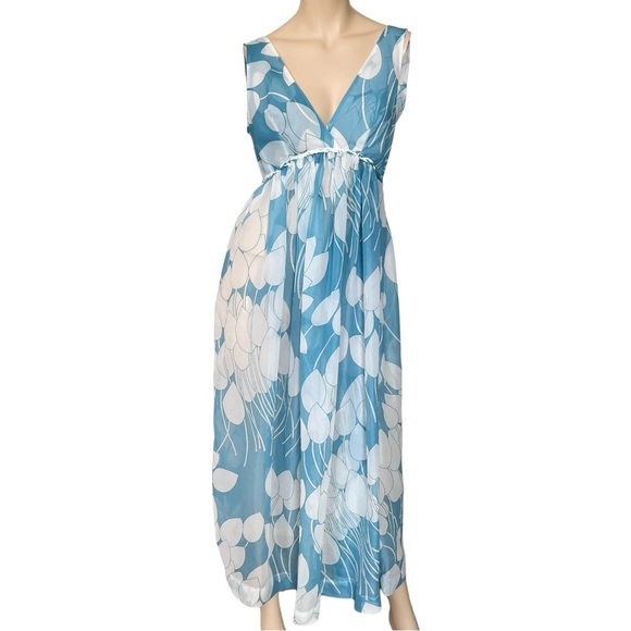Vintage Eve Stillman Maxi Dress Sheer Blue White Floral Print V Neck Size Small - Picture 1 of 15